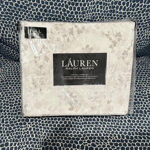 Lauren by Ralph Lauren Full Sheet Set | Gray Beige (Greige) Flowers on White